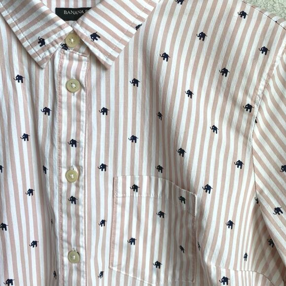 BANANA REPUBLIC Riley Elephant‎ Print Striped Button Down SZ M White Pink Preppy - Picture 2 of 10